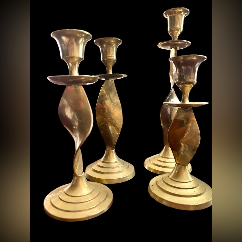 4 Vintage Brass Twisted Candle Holders Made in India 9.5", 6", 7", 7.5”